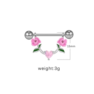 Detailansicht Brustwarzenpiercing mit rosa Emailleblumen, Herz-Zirkonia und 15mm Stab