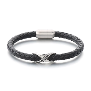 Men's black braided leather bracelet with silver infinity charm and magnetic clasp