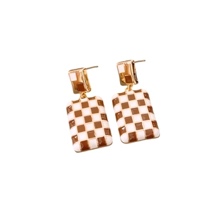 Vintage gold plated rectangle drop earrings with brown checkered enamel patterns