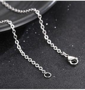 Detailed macro view of the silver stainless steel necklace chain with a lobster clasp