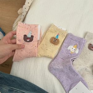 Women's cute cartoon bear cotton socks with colorful speckled patterns, 4-pair pack