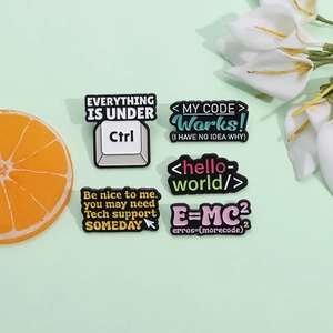 Set of 5 enamel pins featuring funny programmer humor and tech-themed math slogans
