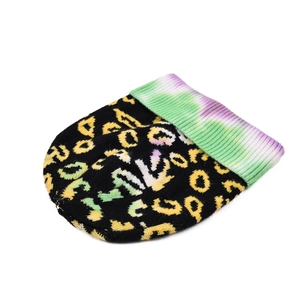 Close-up of leopard print knit beanie with green and purple gradient ribbed edge texture