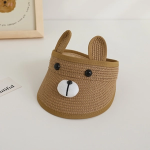 Kids cute cartoon bear straw sun hat with open top design in brown woven fabric