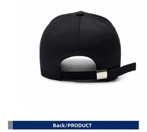 Rear view of a black cotton baseball cap showing adjustable silver metal buckle strap