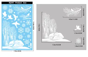 Size guide for Christmas window decals showing dimensions for snow house and bird stickers