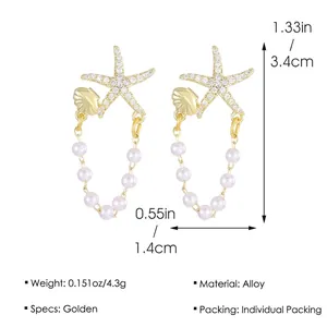 Starfish tassel earrings with pearls and crystals, size 1.33 x 0.55 inches