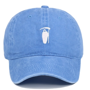 Close-up of Reaper embroidery on blue washed cotton baseball cap with curved brim