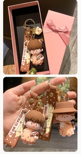 Detail of creative bubble tea doll keychain with silicone strap and pink gift box set