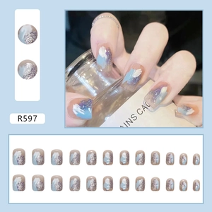 Short square blue and white marble press-on nails with silver glitter shards, 24 pieces