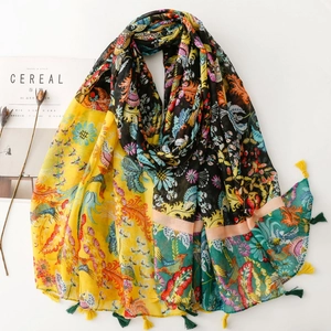Women Bohemian Floral Print Scarf Shawl Polyester Voile Lightweight Sun Protection With Tassels Vintage Ethnic Travel