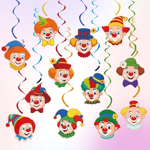 Carnival clown party hanging swirls set with colorful cartoon character ceiling decorations