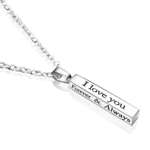 Macro view of silver rectangular pendant with engraved I love you and Forever & Always text
