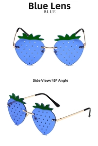 Blue strawberry shaped rimless sunglasses with gold metal frame showing front and side views
