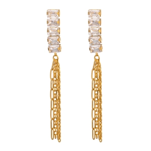 Elegant 18K gold plated stainless steel drop earrings with square zircon and long chain tassels