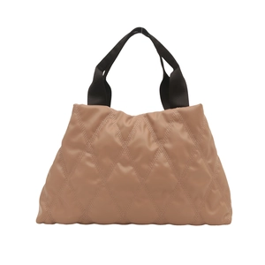 Fashionable khaki quilted tote bag with black shoulder straps and padded puffer texture