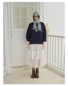 Winter set with grey knitted balaclava hoodie, navy sweatshirt and layered lace skirt