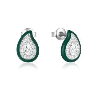 Detail of 925 silver water drop earrings with green enamel and sparkling diamond inlay
