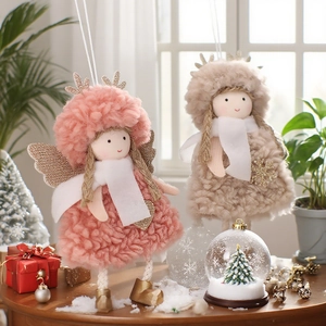 Lamb wool Christmas angel doll hanging ornaments with wings and scarf for holiday decor