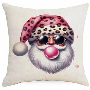 Detail of Santa blowing pink bubble gum on a linen cushion cover with leopard hat