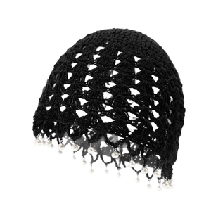 Black handmade crochet beanie with white pearl charms and delicate hollow knitted patterns