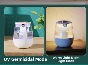 Detail view of air humidifier showing UV sterilization and warm night light modes