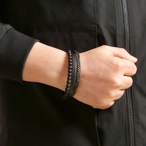Men's multi-layer bracelet set with black obsidian beads and woven leather wristbands