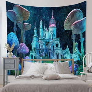 Detail of bohemian tapestry featuring fantasy castle and neon glowing mushrooms