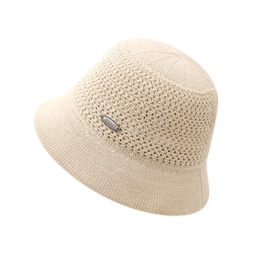 Breathable cream knit bucket hat for women with hollow-out pattern and metal logo detail