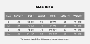 Detailed size guide for women's fitness set including top and shorts measurements