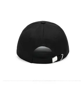 Rear view of black cotton baseball cap showing adjustable silver metal buckle detail