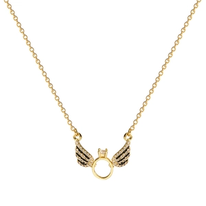 Gold titanium steel pearl necklace with angel wing ring pendant and crystals