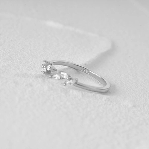 Macro shot of S925 sterling silver ring detail with marquise-cut marquise-cut cubic zirconia