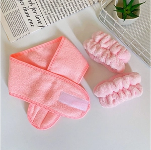 Pink microfiber spa set with velcro headband and wristbands for washing face