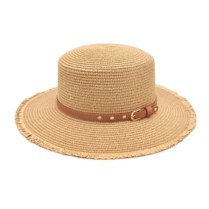Women Straw Boater Hat Flat Top Sun Protection Beach Summer Jazz Fedora With Leather Belt Rivets Fringed Edge
