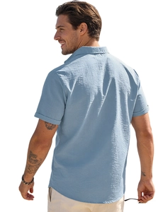 Detailed back view of light blue short-sleeved shirt showing premium textured fabric texture