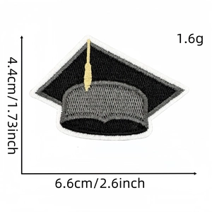 Detail view of 6.6x4.4cm graduation cap embroidery patch with gold tassel and size dimensions