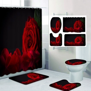 Detail of 4-piece bathroom set with red roses on black waterproof fabric and non-slip mats