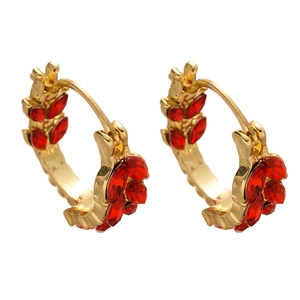 Vintage U-shaped gold hoop earrings with red marquise-cut crystals and geometric details