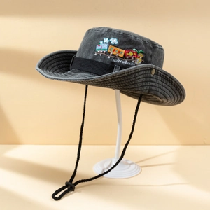 Dunkelgraue Kinder Sonnenhut mit Stickerei und verstellbarer Kordel aus Denim