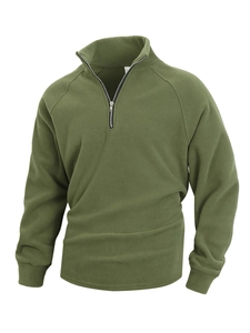 Detail of olive green quarter-zip fleece pullover with textured standing collar