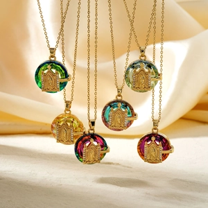Vintage Stainless Steel Virgin Mary Portrait Pendant Necklace Gold Color Artificial Crystal Rhinestone Religious Women Jewelry