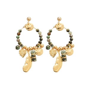 14K gold plated feather and monstera leaf drop earrings with turquoise beads