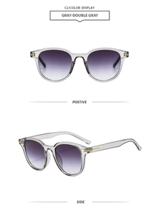Front and side views of stylish grey square sunglasses with gradient lenses