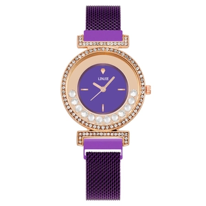 Montre élégante pour femme avec bracelet milanais violet et diamants mobiles en or rose