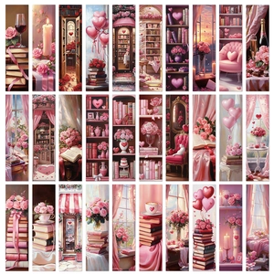 Set of 30 vintage Valentine bookmarks with romantic pink floral and book illustrations