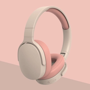 P2961 foldable wireless gaming headset in beige and pink with soft leather ear pads