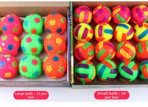 Detail showing flashing spiky balls in 12-pack and 24-pack wholesale display boxes
