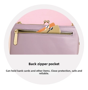 Detail of purple crocodile texture crossbody bag featuring a functional back zipper pocket