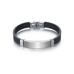 Bracelet classique en silicone noir pour homme avec plaque d'identification en acier poli